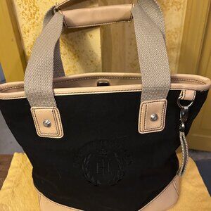 Tommy Hilfiger  Canvas black  Bag w tan leather trim   8x12